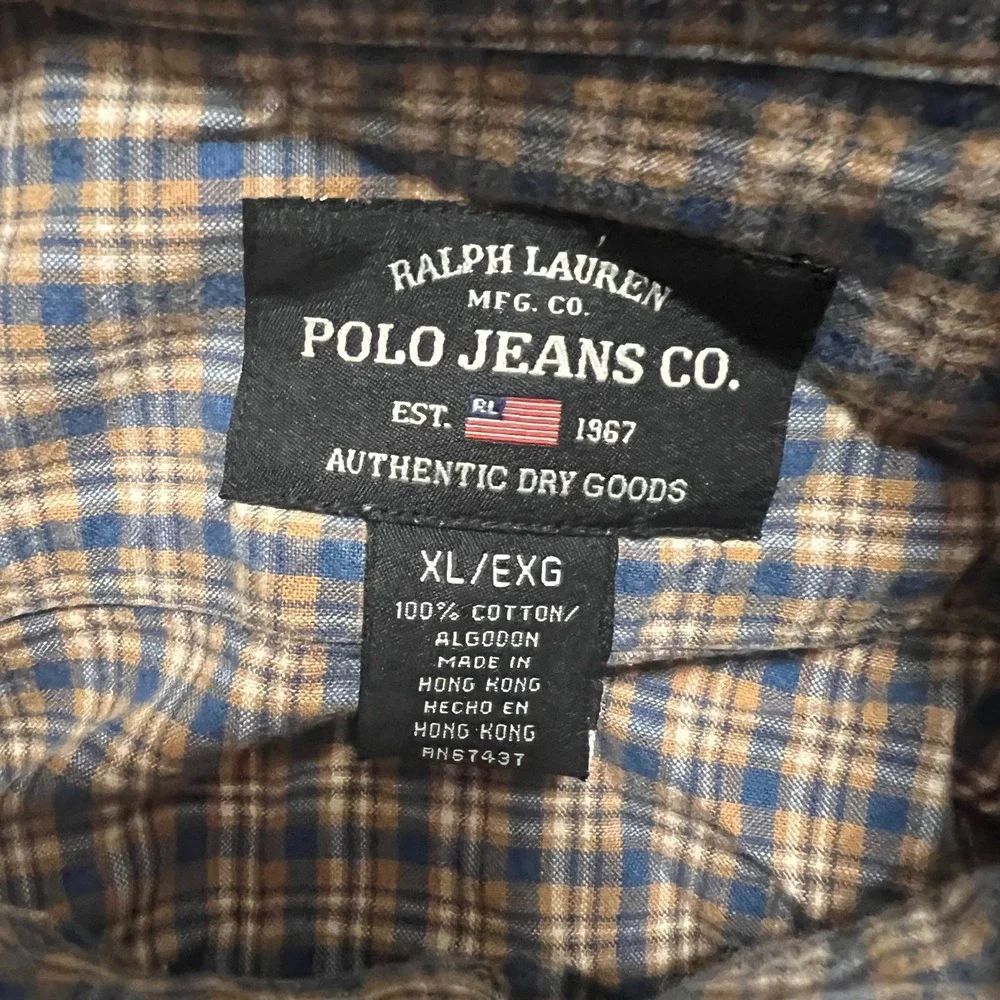 Ralph Lauren Polo Jeans Co Shirt Mens XL Blue Tan Plaid Cotton Button Down